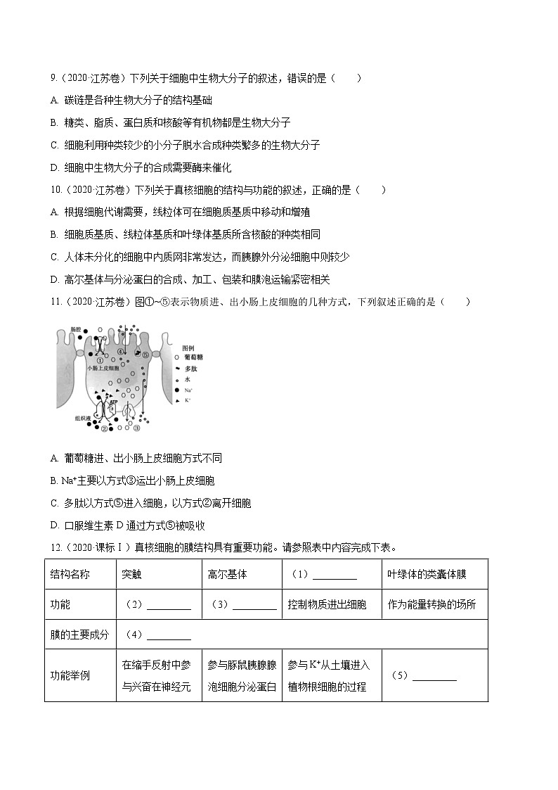 高中生物专题01 细胞的组成与结构-十年（2011-2020）高考真题生物分项详解（无答案）第3页