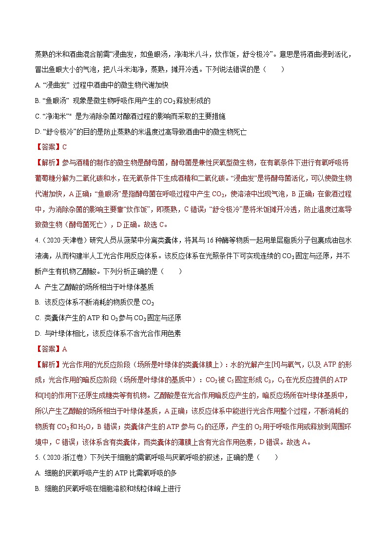 高中生物专题02 细胞的能量与代谢-十年（2011-2020）高考真题生物分项详解（有答案）02