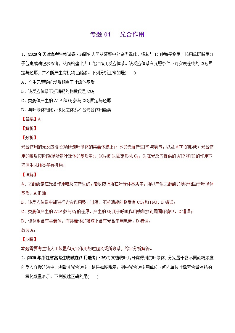 高中生物专题04 光合作用-2020年高考真题和模拟题生物分项汇编（教师版含解析）第1页