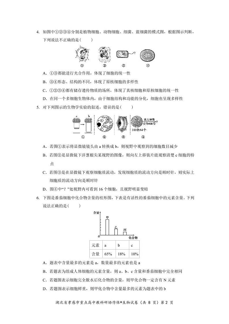 2023孝感重点高中教科研协作体高一上学期期中生物试题可编辑PDF版含答案02