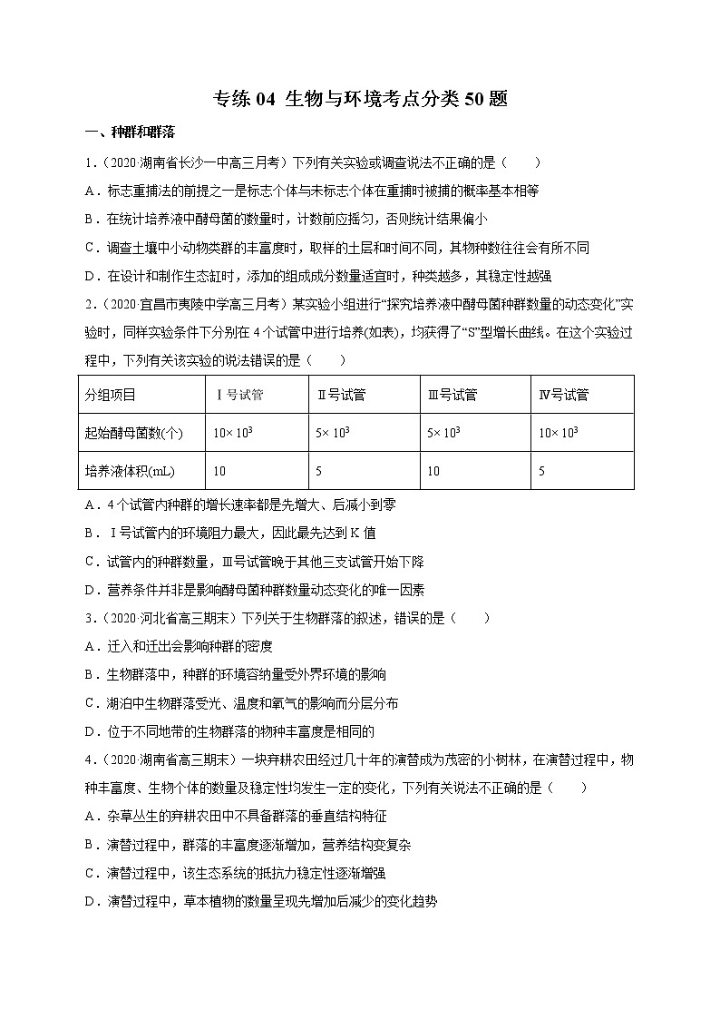 高中生物专练04 生物与环境考点分类50题-2020年高考生物总复习考点必杀800题（无答案）第1页