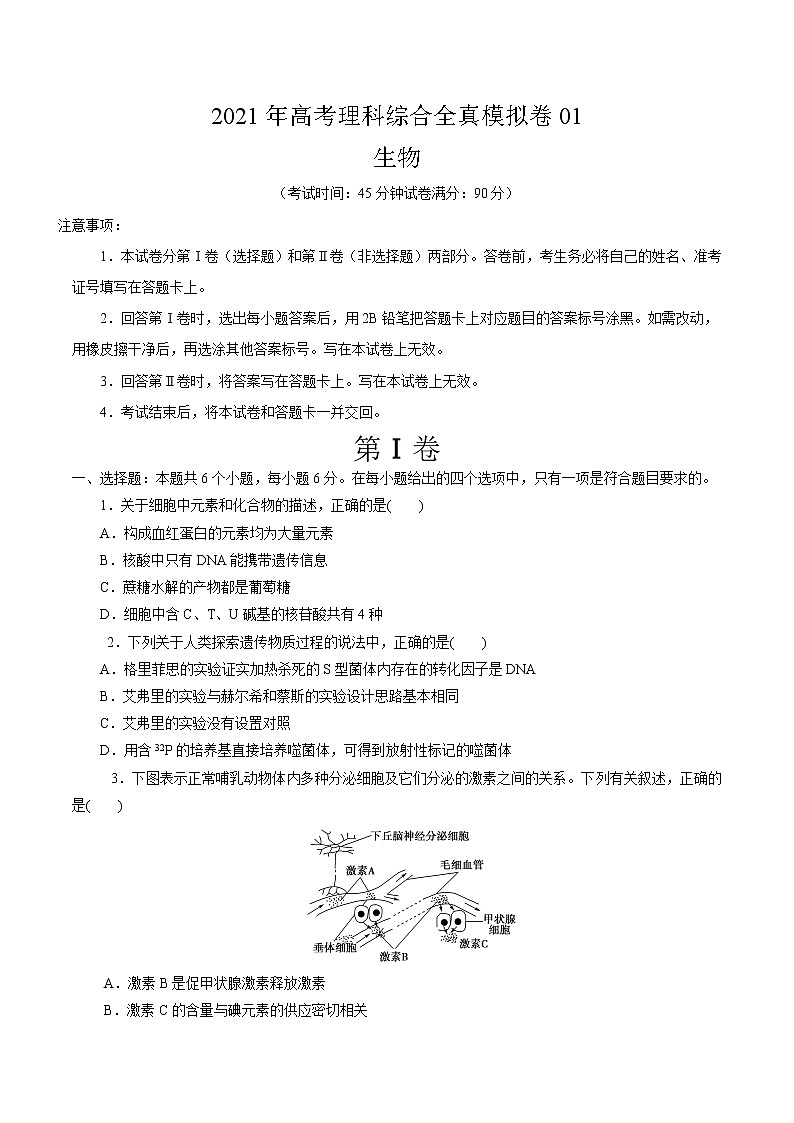 高中生物模拟卷01-【战高考】2021年高考理科综合生物全真模拟卷（无答案）第1页