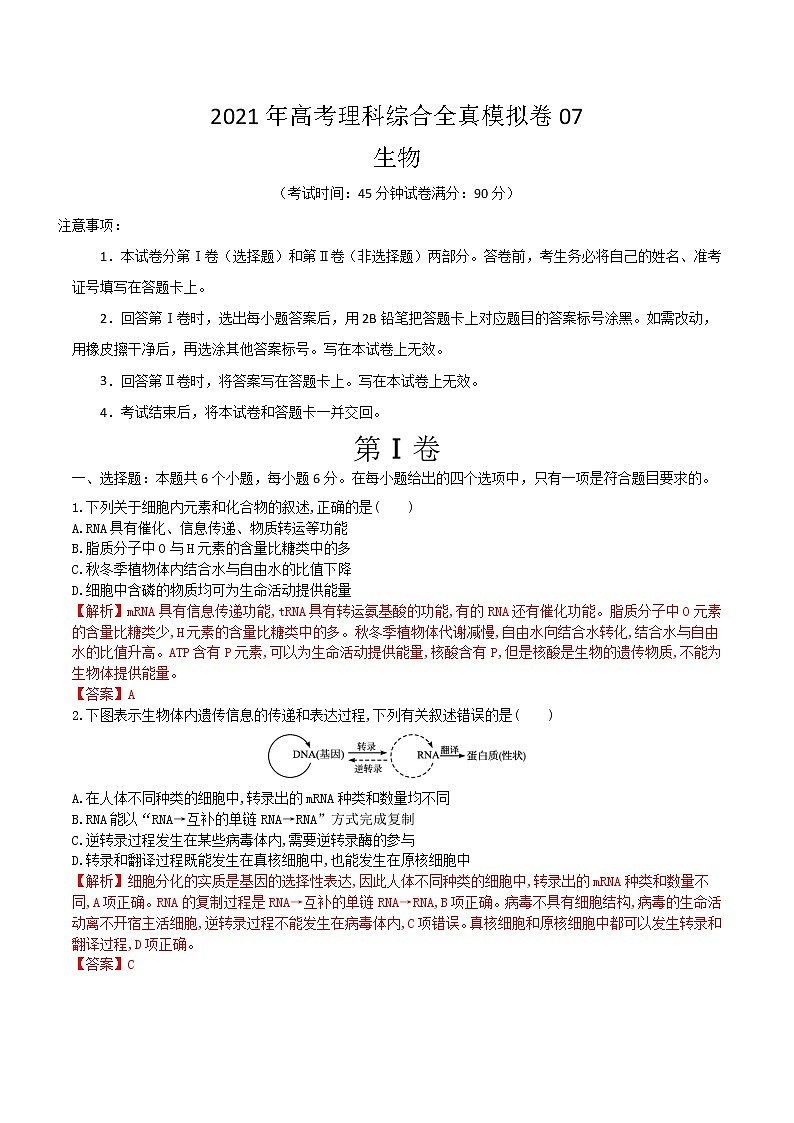 高中生物模拟卷07-【战高考】2021年高考理科综合生物全真模拟卷（有答案）第1页
