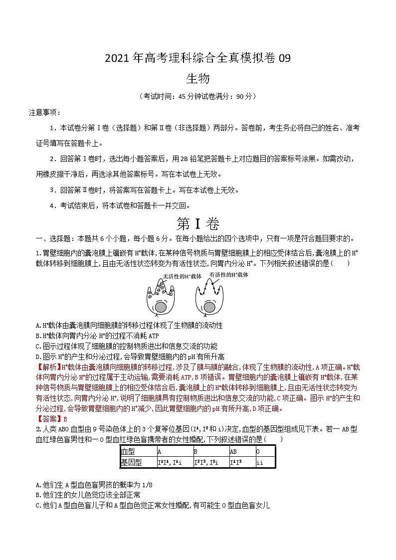 高中生物模拟卷09-【战高考】2021年高考理科综合生物全真模拟卷（有答案）第1页
