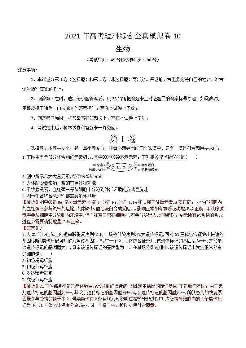 高中生物模拟卷10-【战高考】2021年高考理科综合生物全真模拟卷（有答案）第1页