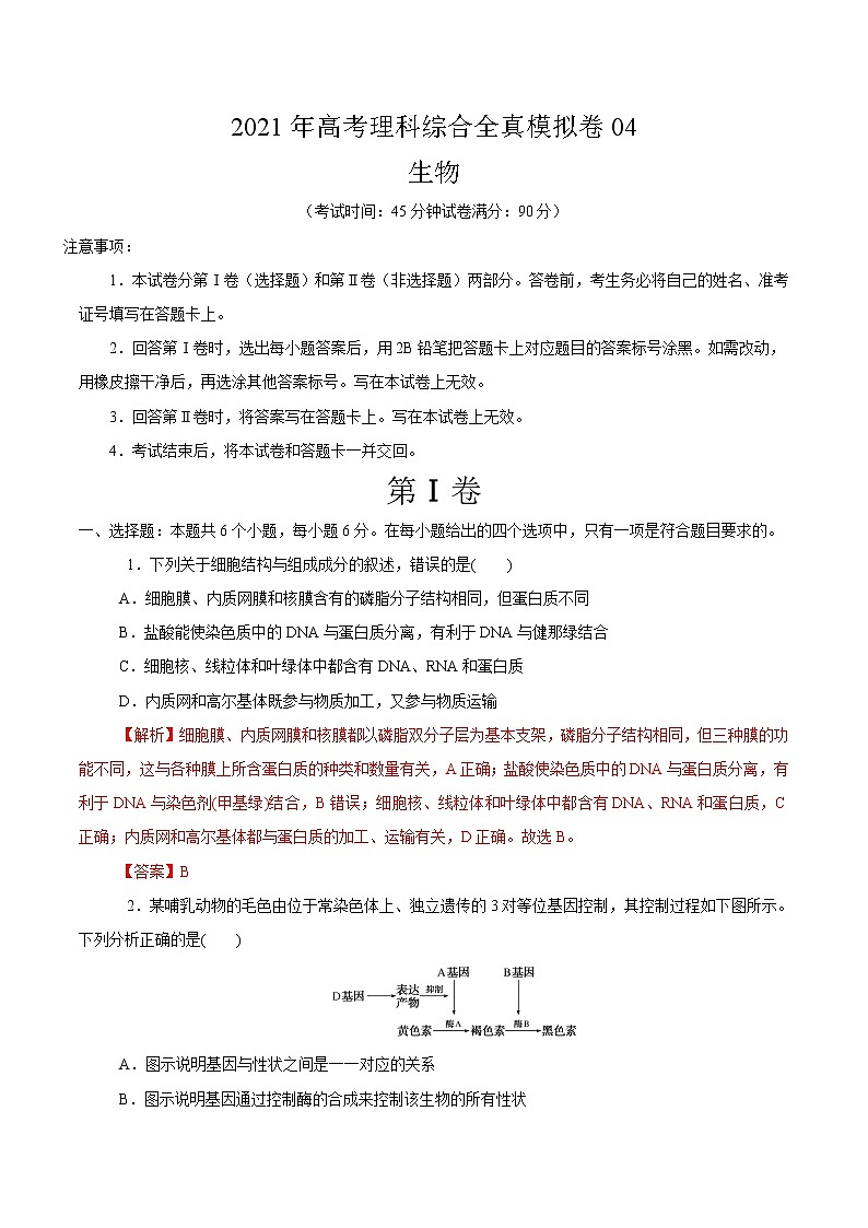 高中生物模拟卷04-【战高考】2021年高考理科综合生物全真模拟卷（有答案）第1页
