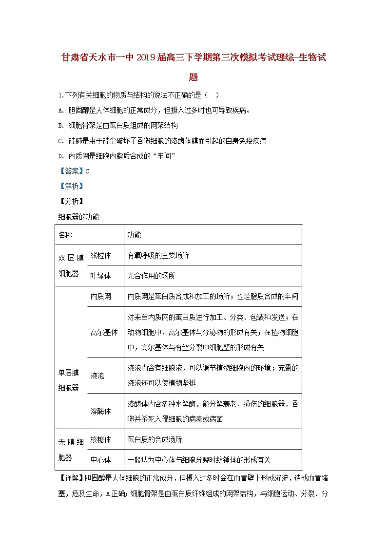 高中生物甘肃省天水市第一中学2019届高三生物下学期第三次模拟考试试卷（含解析）第1页