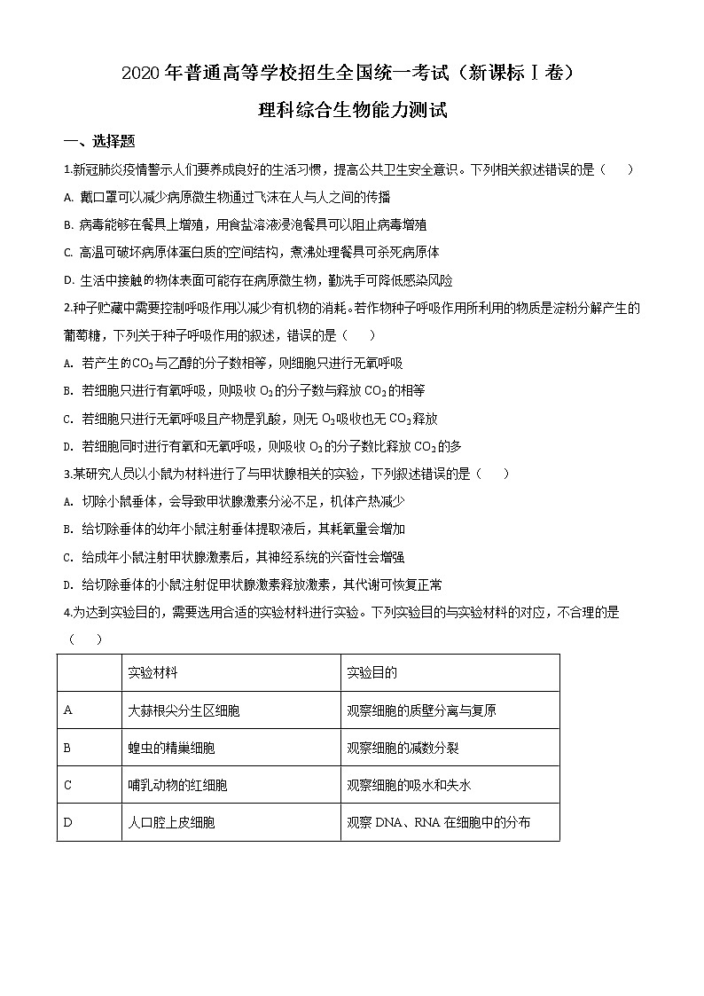 高中生物精品解析：2020年全国统一高考生物试卷（新课标Ⅰ）（无答案）第1页