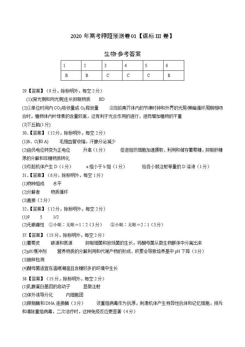 高中生物2020年高考押题预测卷01（课标III卷）-生物（参考答案）第1页