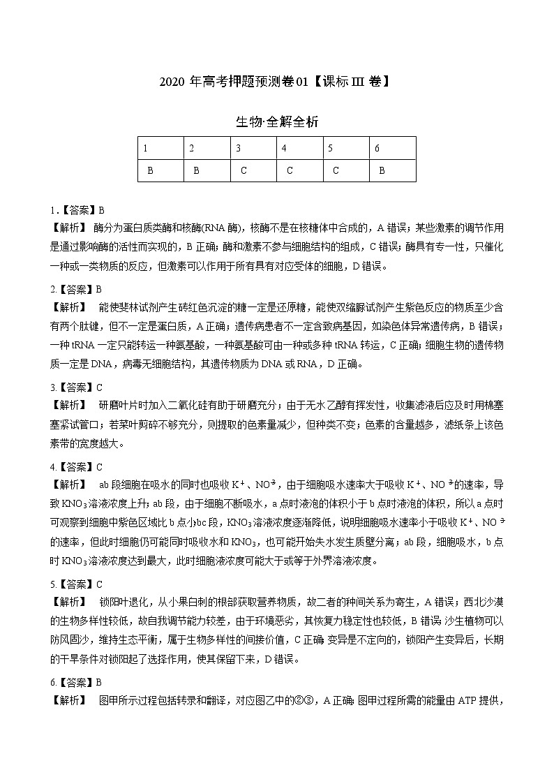 高中生物2020年高考押题预测卷01（课标III卷）-生物（全解全析）第1页