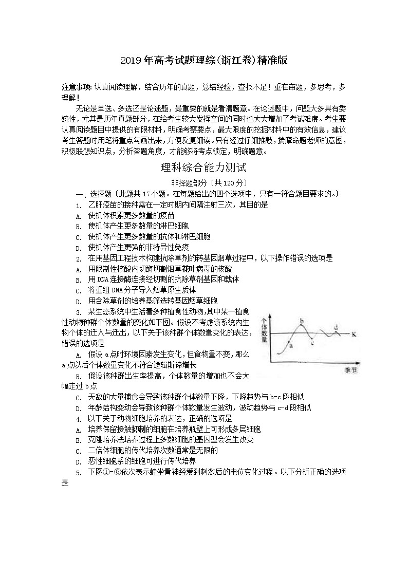 高中生物2019年高考试题理综(浙江卷)精准版第1页