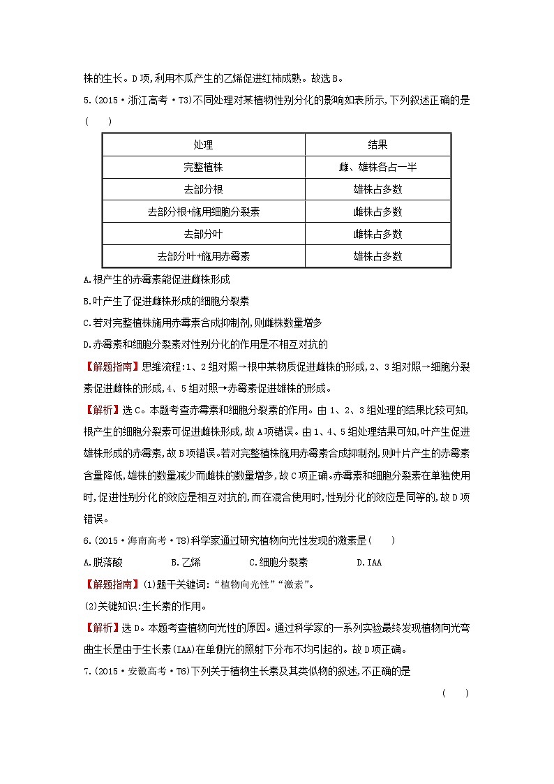 高中生物2020届高考生物一轮复习高考真题分类题库2015年知识点16植物的激素调节含解析 22903