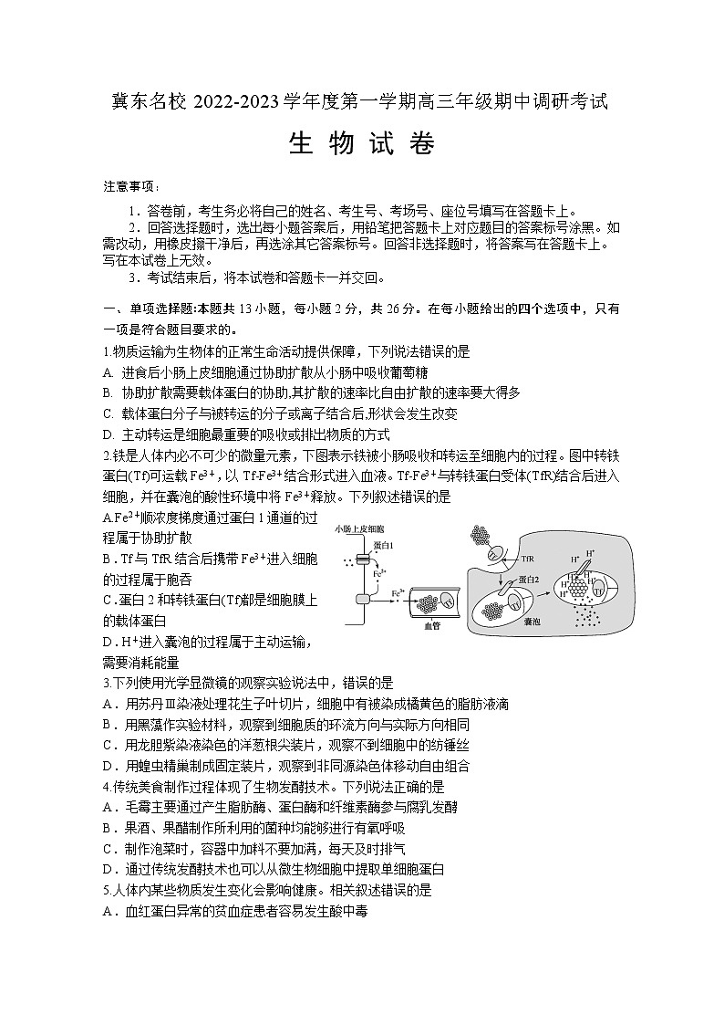 河北省冀东名校2022-2023学年高三生物上学期期中调研试卷（Word版附答案）第1页