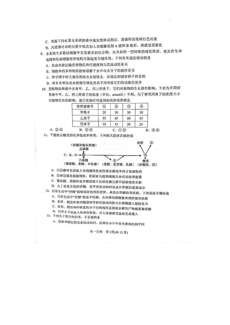 生物试卷2022-2023学年河南南阳高一上学期期中考试03