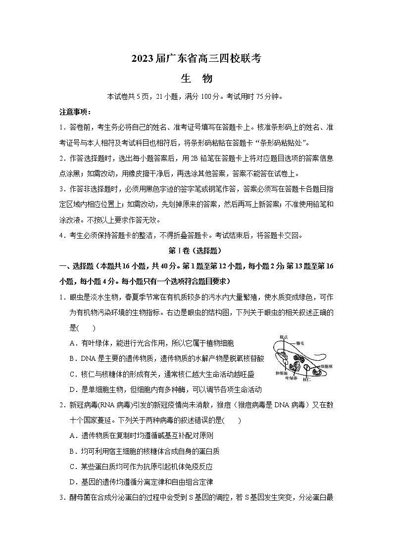 2023广东省四校高三上学期第一次联考生物试题含答案01