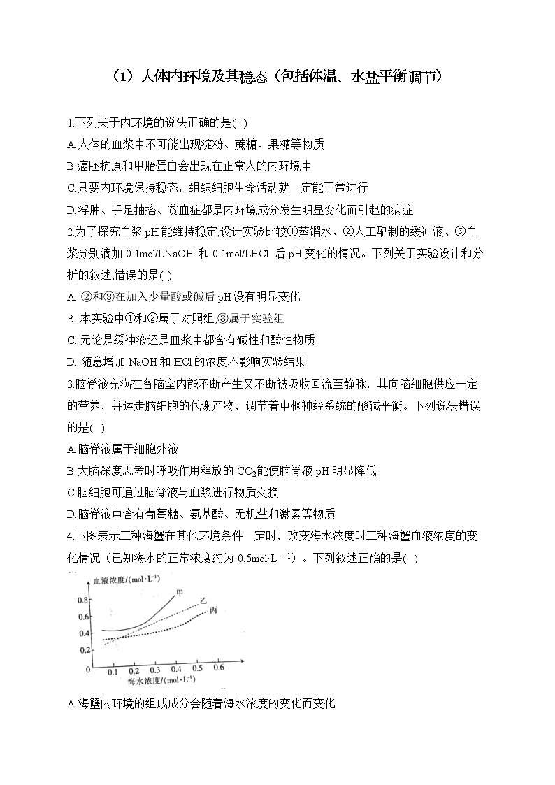 【配套新教材】2023届高考生物学二轮复习 专项练（1）人体内环境及其稳态（包括体温、水盐平衡调节）第1页