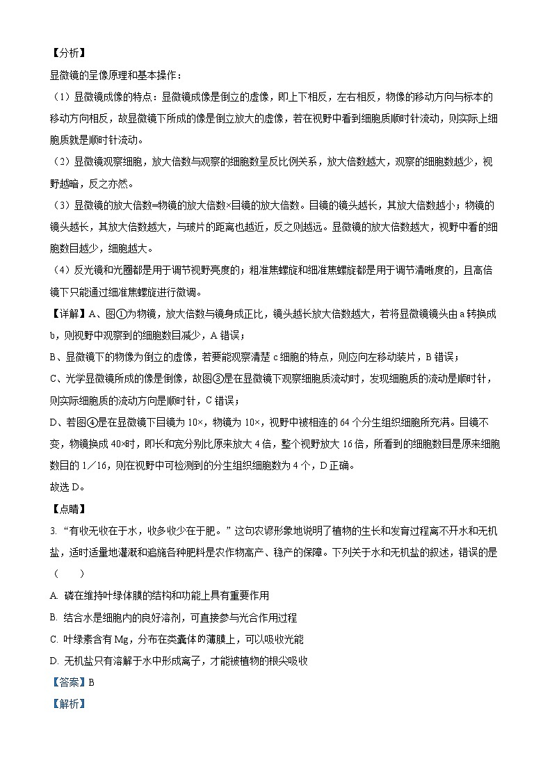 湖南师范大学附属中学2021-2022学年高一生物上学期期末考试试卷（Word版附解析）第2页
