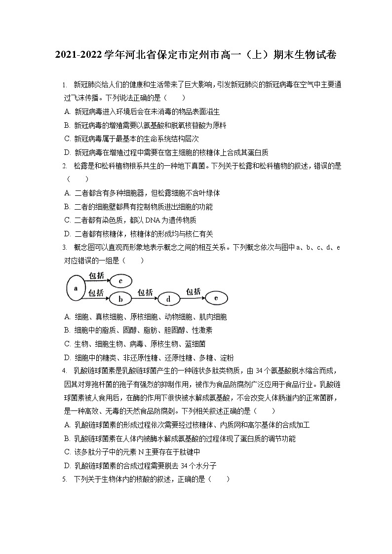 2021-2022学年河北省保定市定州市高一（上）期末生物试卷（含答案解析）01