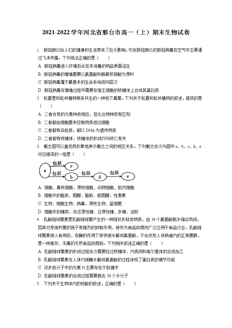 2021-2022学年河北省邢台市高一（上）期末生物试卷（含答案解析）01