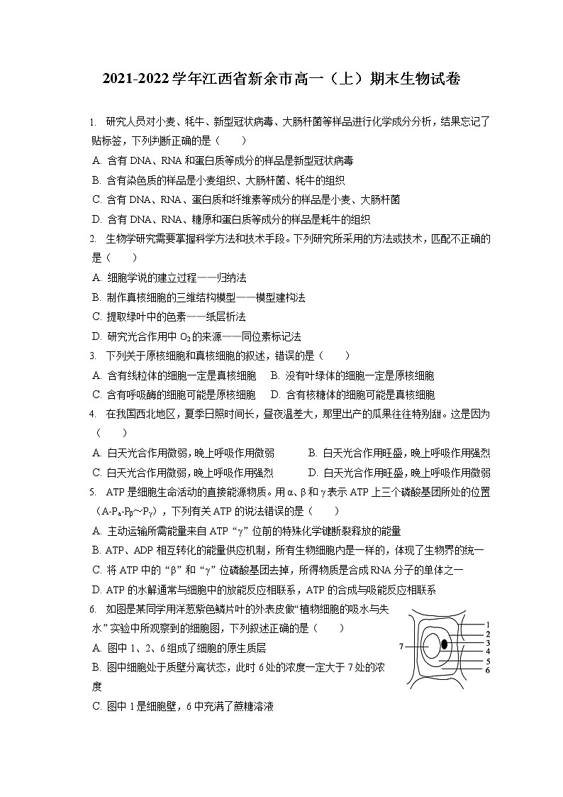 2021-2022学年江西省新余市高一（上）期末生物试卷（含答案解析）01