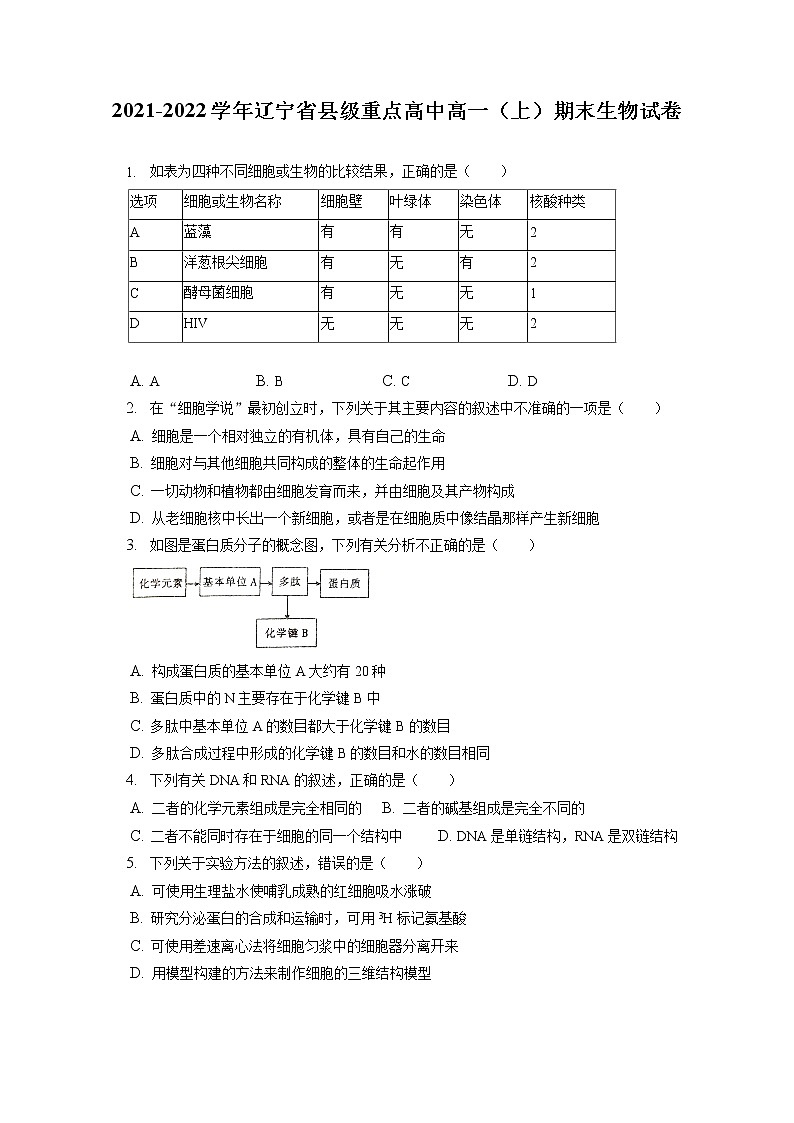 2021-2022学年辽宁省县级重点高中高一（上）期末生物试卷（含答案解析）01