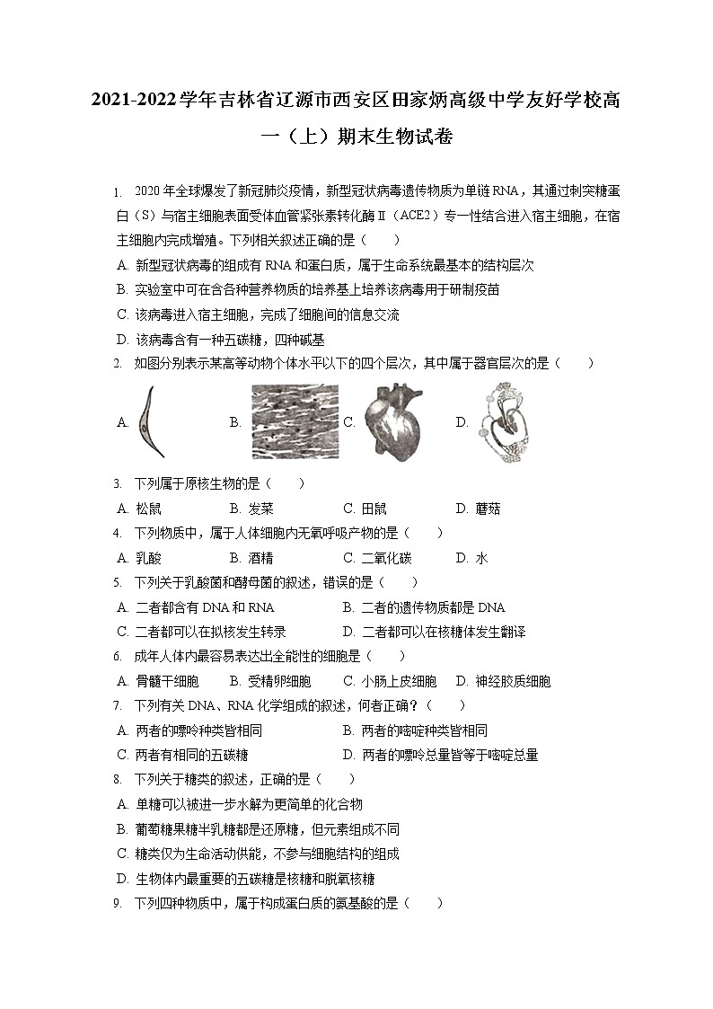 2021-2022学年吉林省辽源市西安区田家炳高级中学友好学校高一（上）期末生物试卷（含答案解析）01