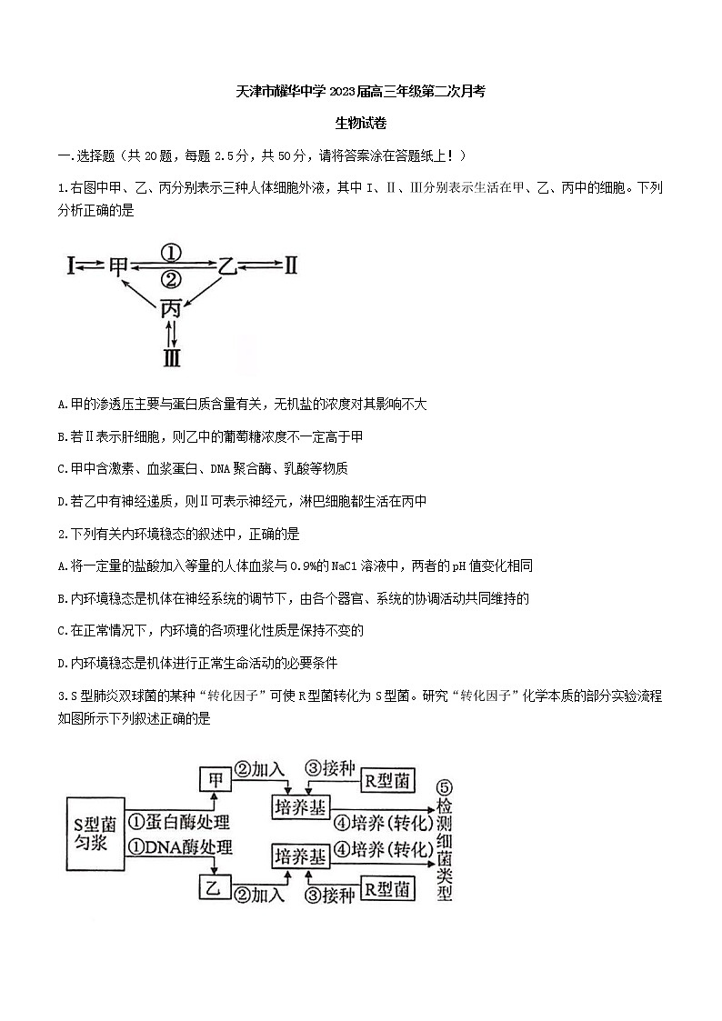2023天津市耀华中学高三上学期第二次（11月）月考生物试题含答案第1页