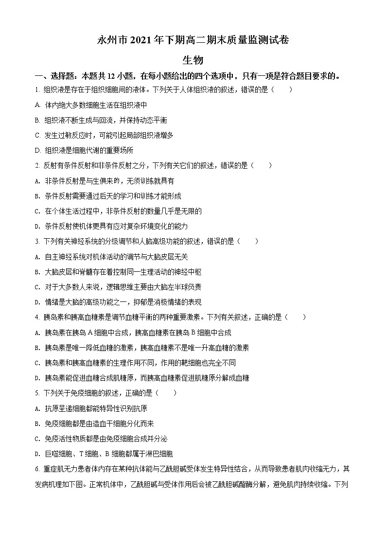 湖南省永州市2021-2022学年高二上学期期末质量监测生物试题无答案第1页