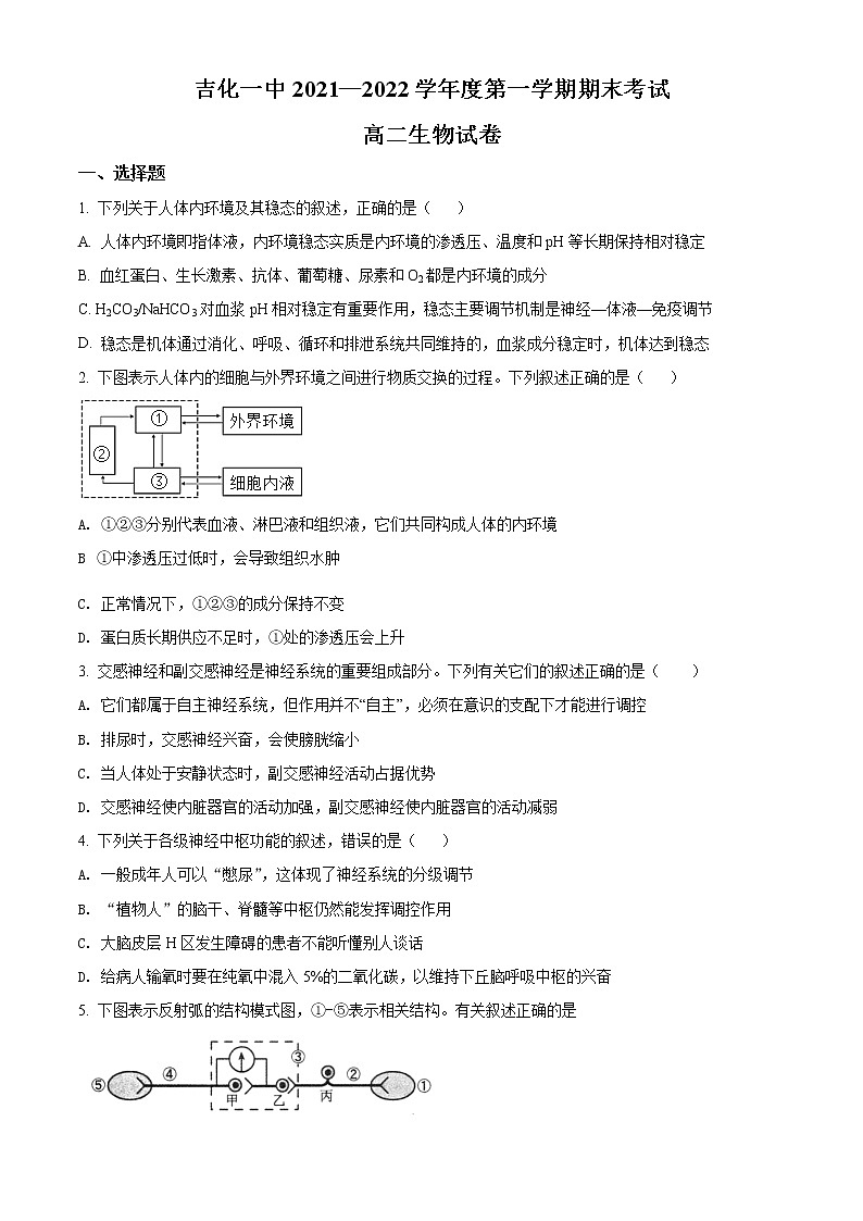 吉林省吉化第一高级中学校2021-2022学年高二上学期期末考试生物试题无答案第1页