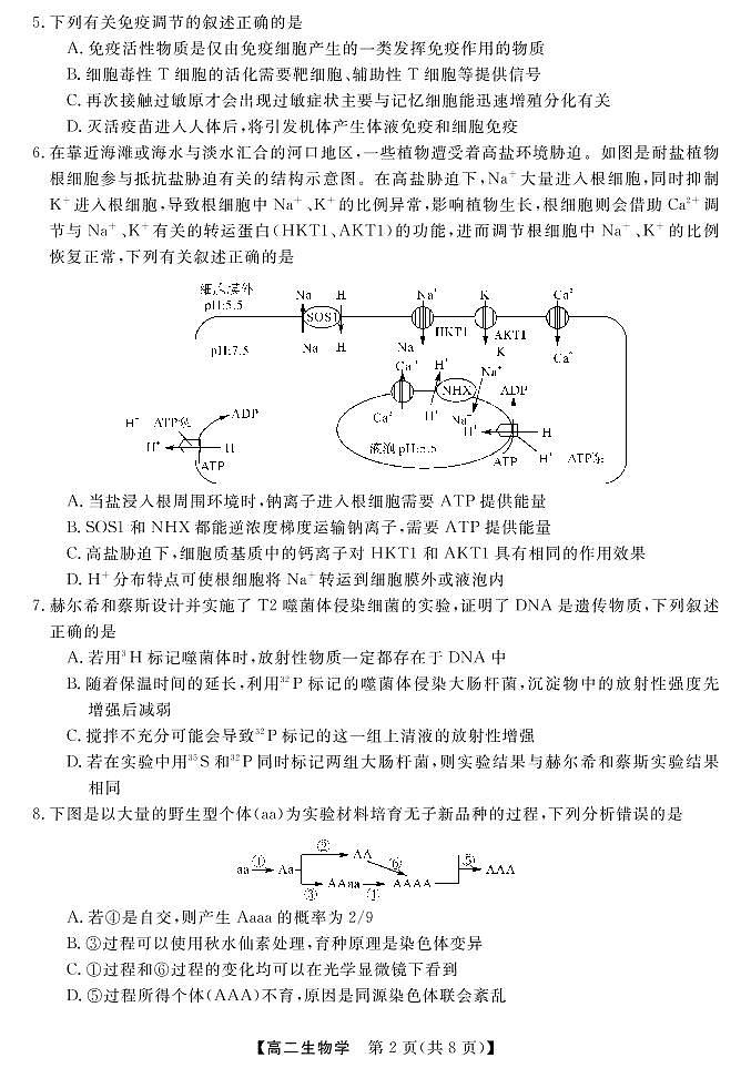 湖湘教育可联合体2022下学期高二期中考试生物试卷第2页
