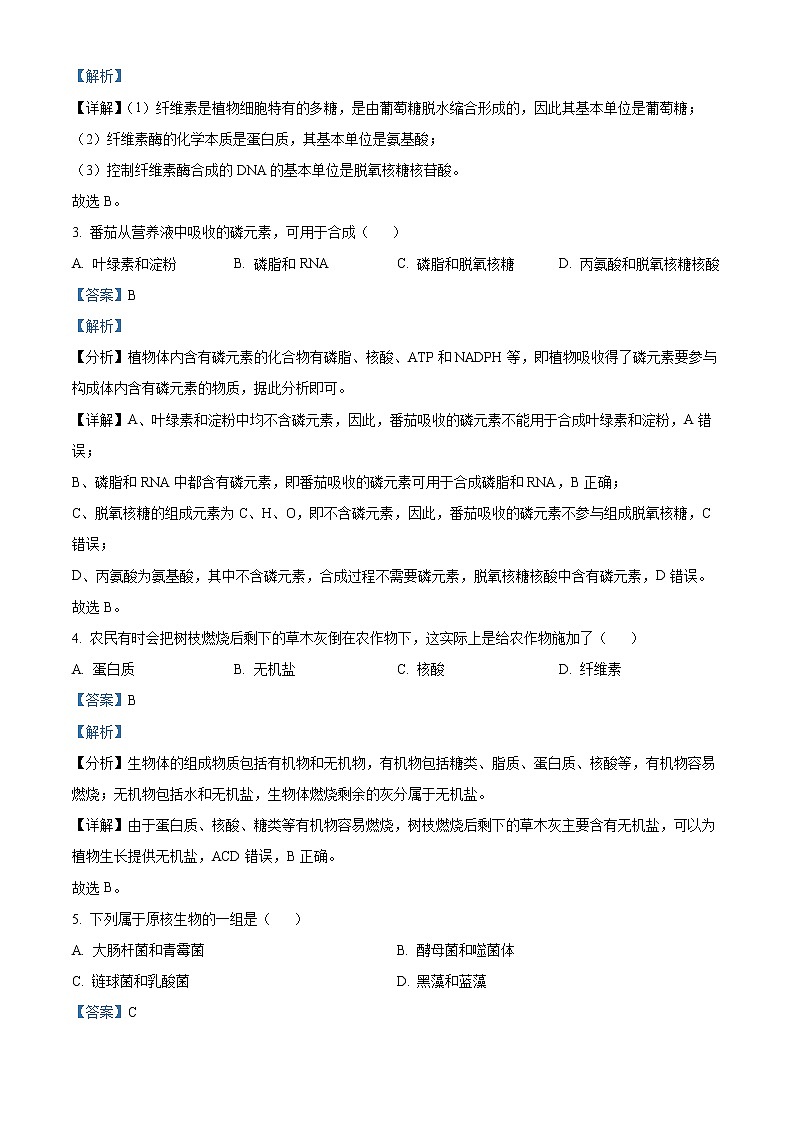 2023温州新力量联盟高一上学期期中联考试题生物含解析02