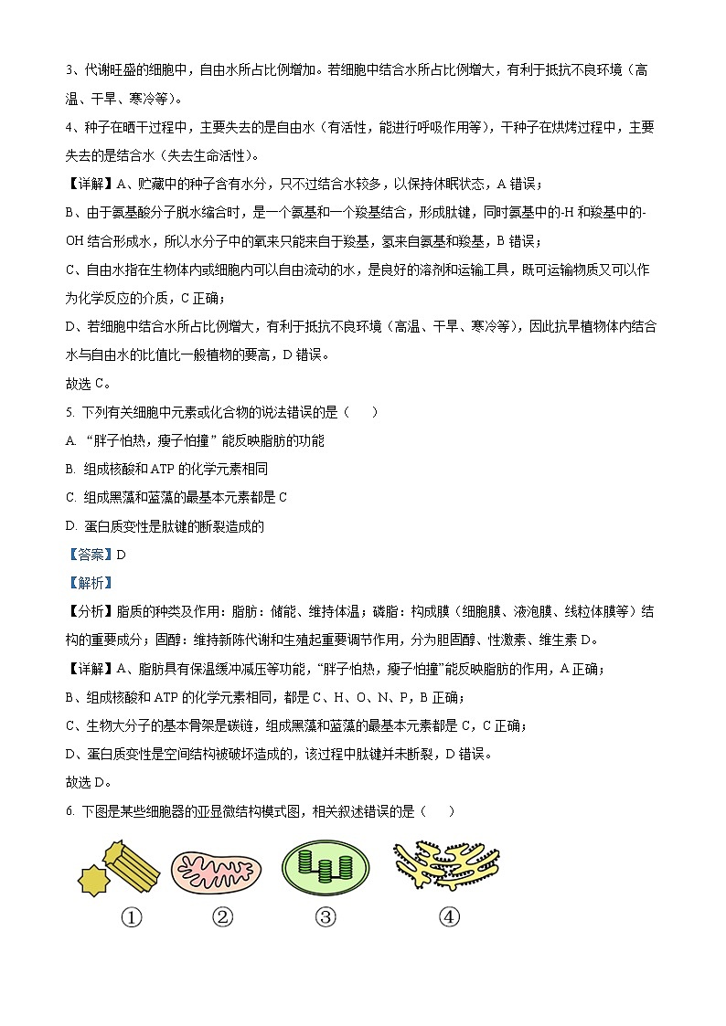 2022怀化高一上学期期末考试生物含解析03