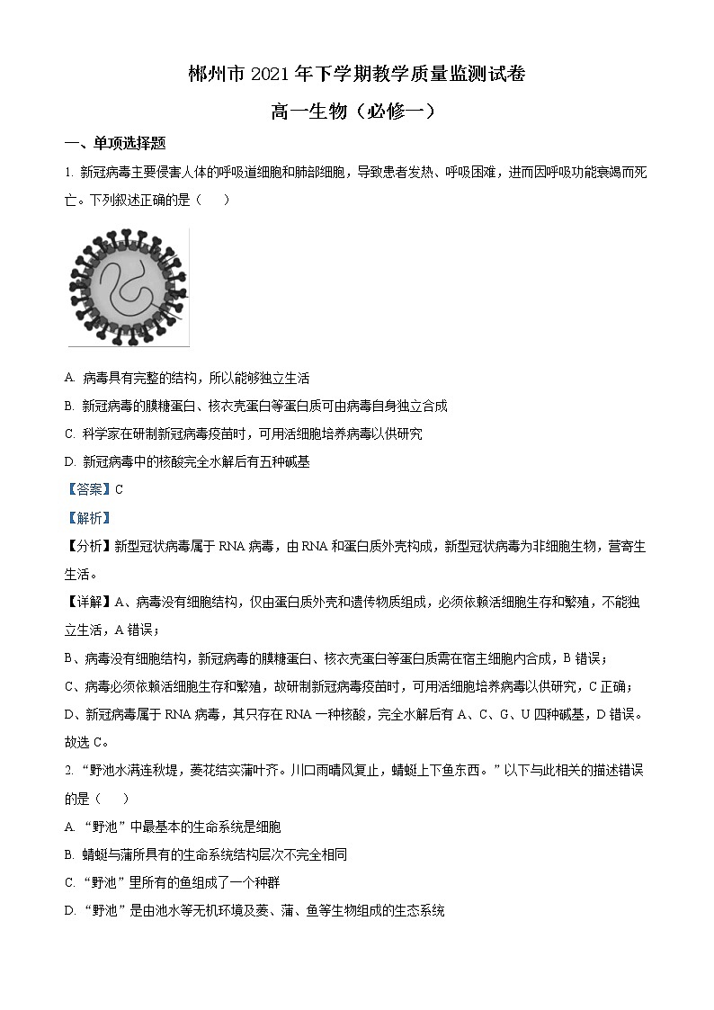 湖南省郴州市2021-2022学年高一上学期期末（质量监测）生物试题含解析第1页