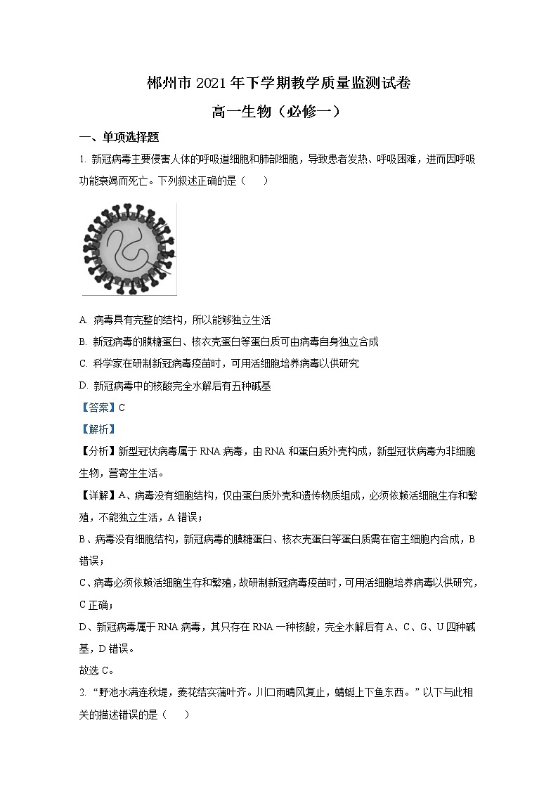 湖南省郴州市2021-2022学年高一生物上学期期末质量监测试题（Word版附解析）01