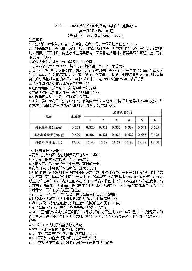 全国重点高中新百年竞优联考2022-2023学年高三上学期第一次考试生物试题第1页