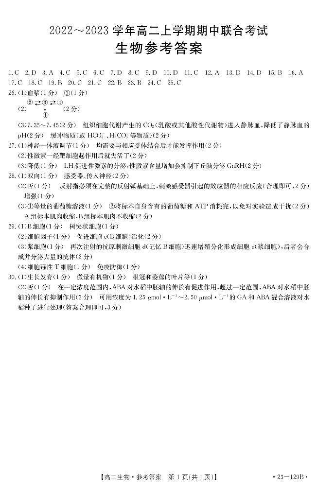 山西省2022-2023学年高二11月联考试题生物答案第1页