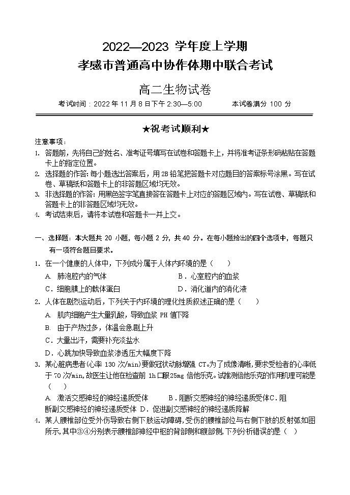 湖北省孝感市普通高中协作体2022-2023学年高二生物上学期期中试题（Word版附答案）01