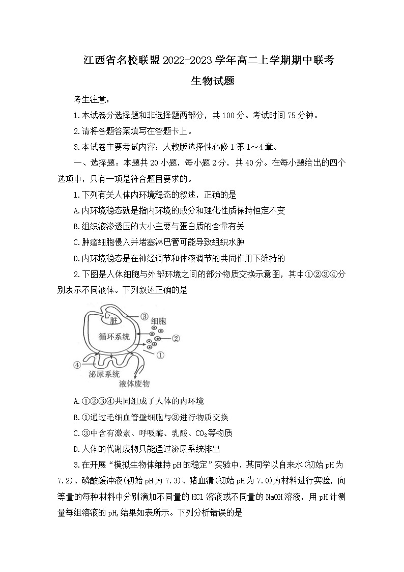 江西省名校联盟2022-2023学年高二生物上学期期中联考试题（Word版附解析）第1页