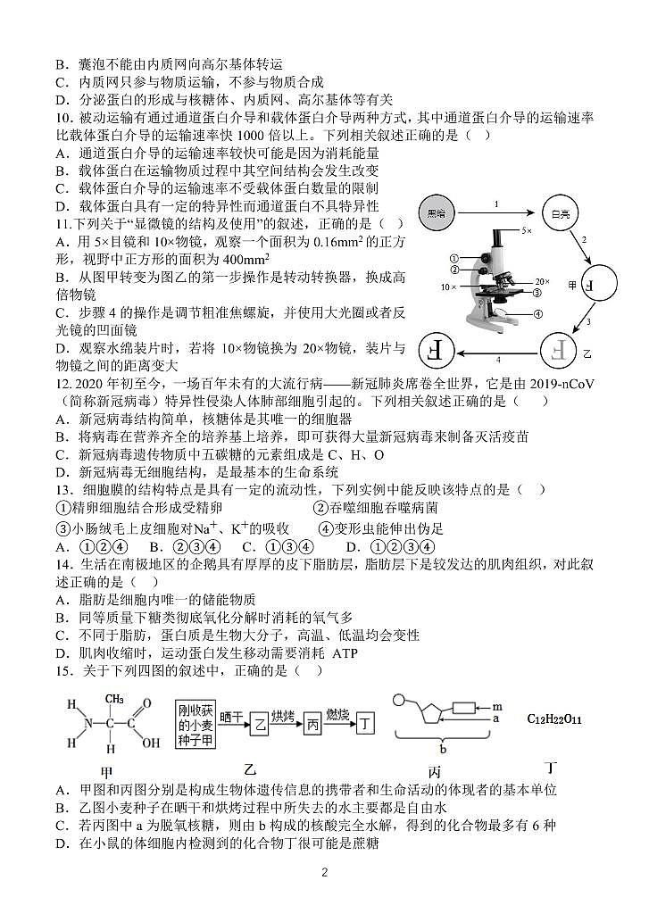 2023扬州中学高一上学期12月月考试题生物PDF版含答案（可编辑）第2页