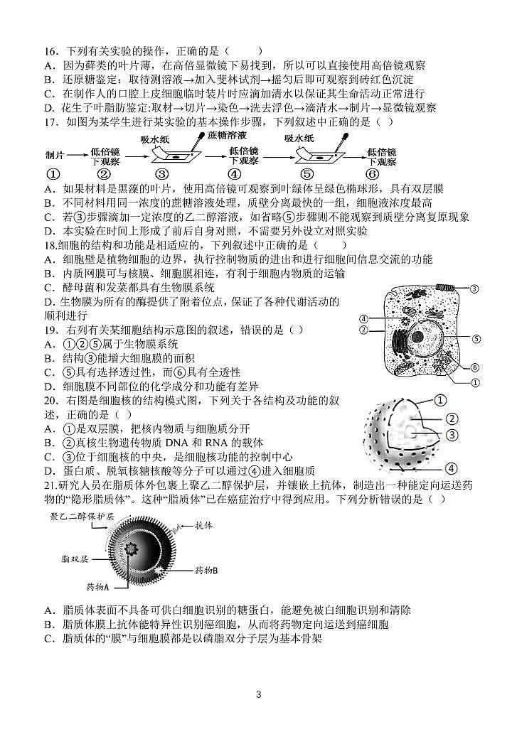 2023扬州中学高一上学期12月月考试题生物PDF版含答案（可编辑）第3页