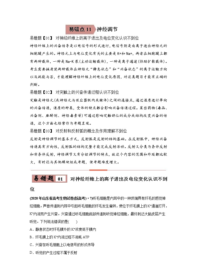 (新高考)高考生物二轮复习易错点11神经调节（原卷版）第1页
