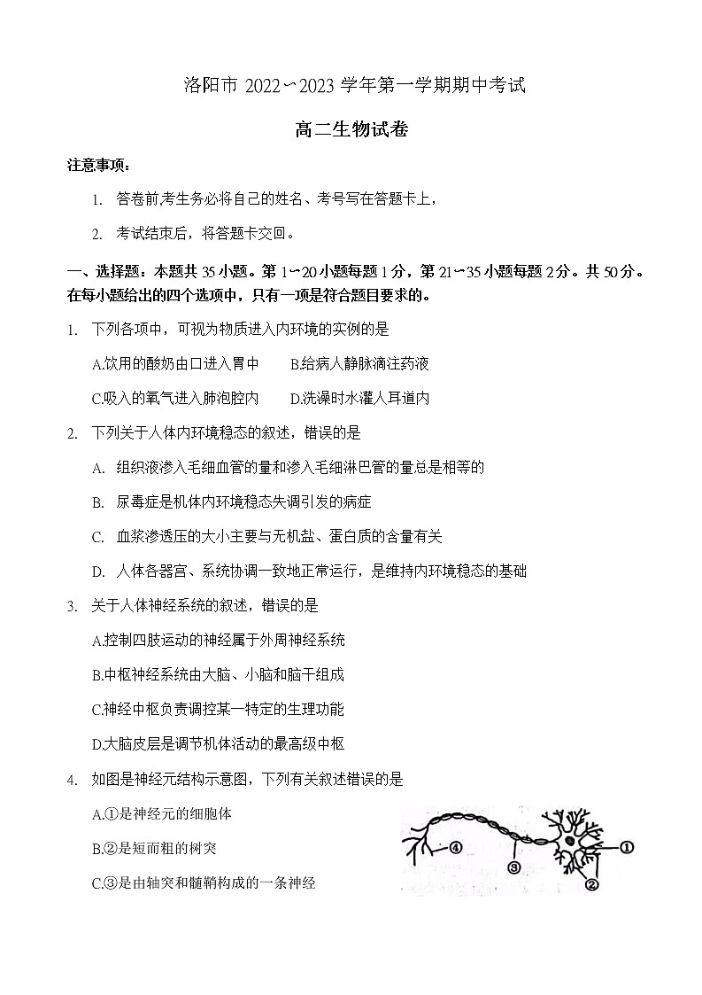 2022-2023学年河南省洛阳市高二上学期期中考试生物01