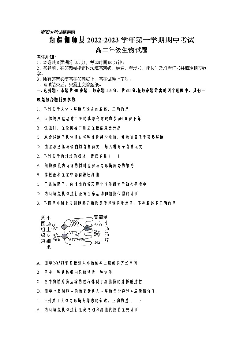 2022-2023学年新疆维吾尔自治区喀什地区伽师县高二上学期11月期中考试生物试题含答案01