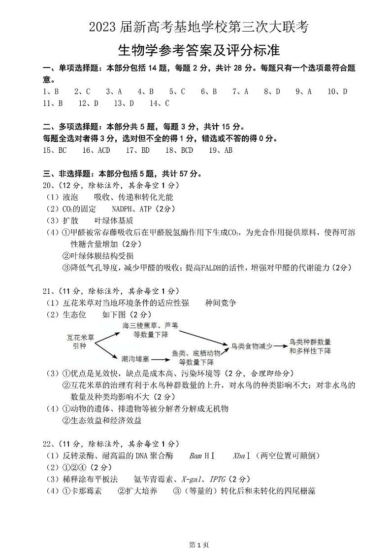 2023江苏省新高考基地学校高三上学期12月第三次大联考生物试题图片版含答案01