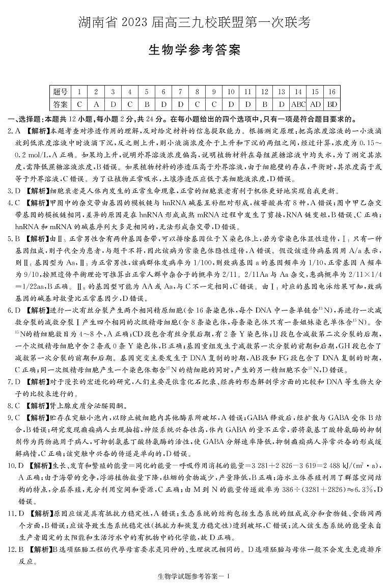 2023湖南省九校联盟高三上学期第一次联考生物试题PDF版含解析01