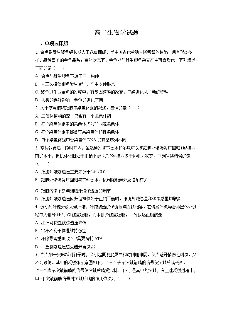 2022济南莱芜凤城高级中学高二上学期期中考试生物试题含解析01