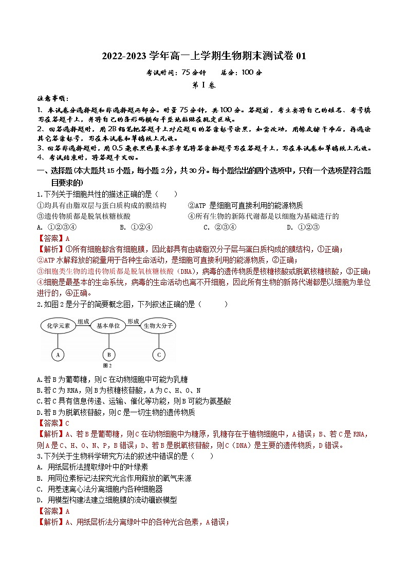 【期末考点复习】人教版(2019)生物必修1 高一上学期期末备考-期末模拟卷01（解析版）第1页