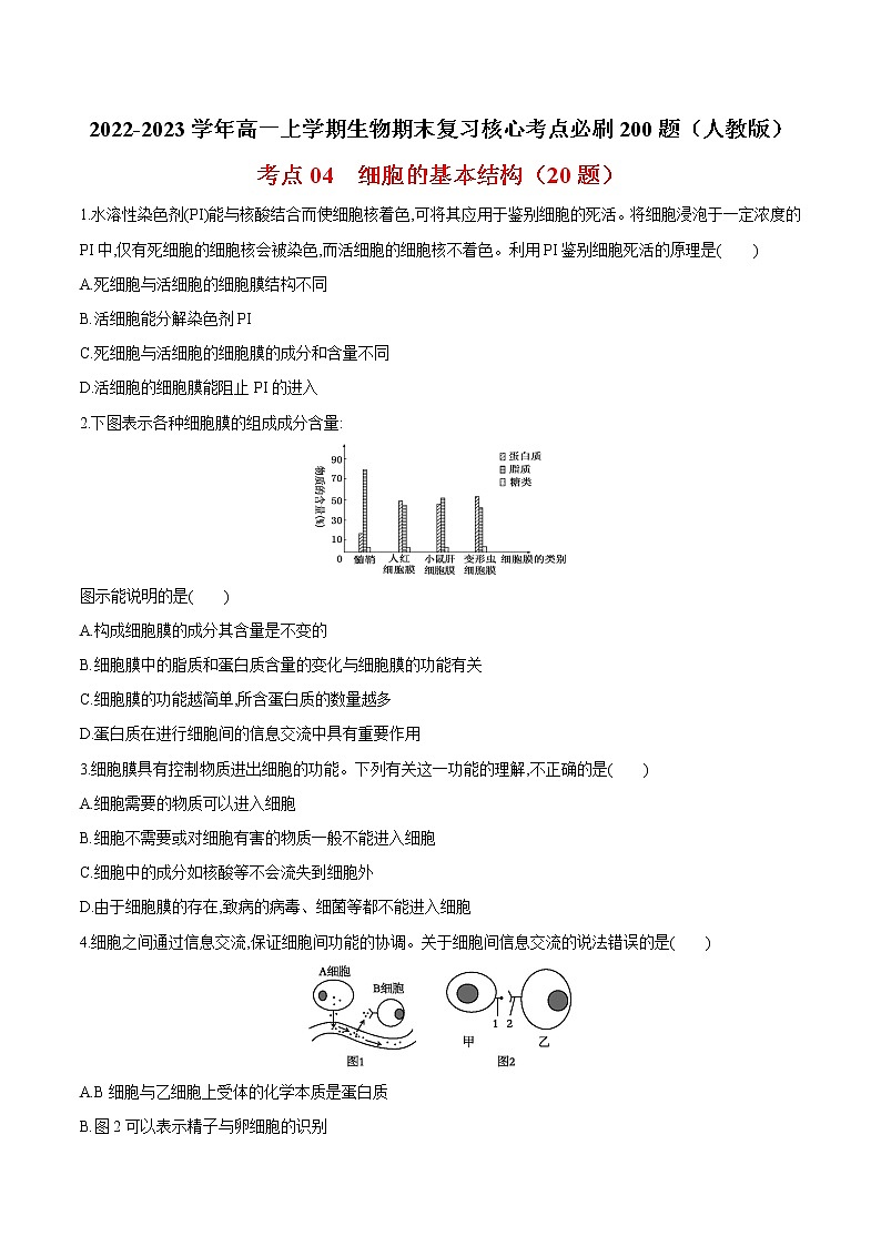 【期末考点复习】人教版(2019)生物必修1 高一上学期期末备考-考点04 细胞的基本结构 试卷01