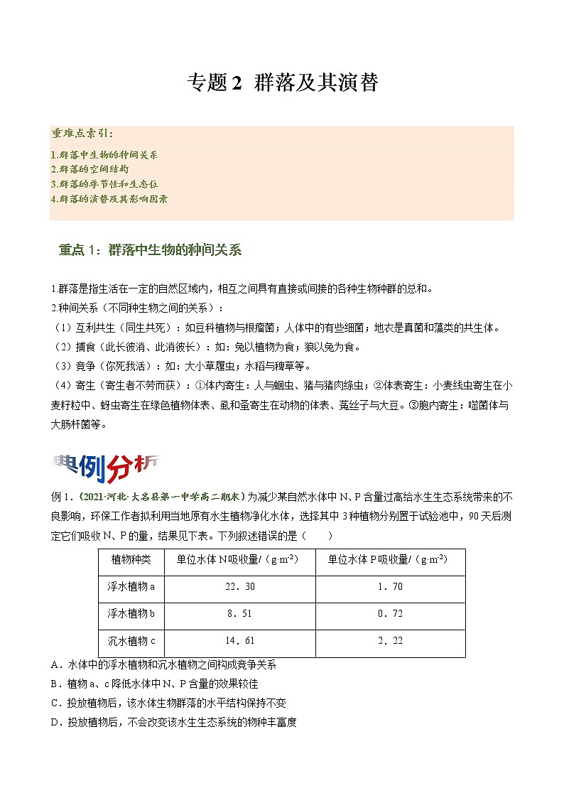 【期末综合备考】人教版(2019)生物高二专题备考：专题2 群落及其演替（选择性必修2）01