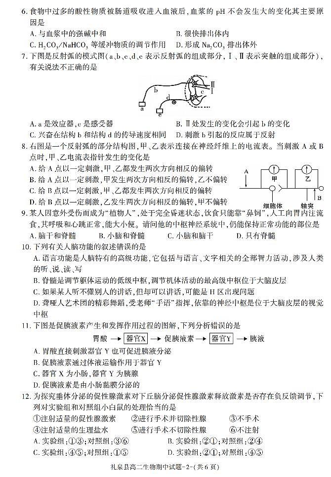 陕西省咸阳市礼泉县2021-2022学年高二上学期期中考试生物试题02